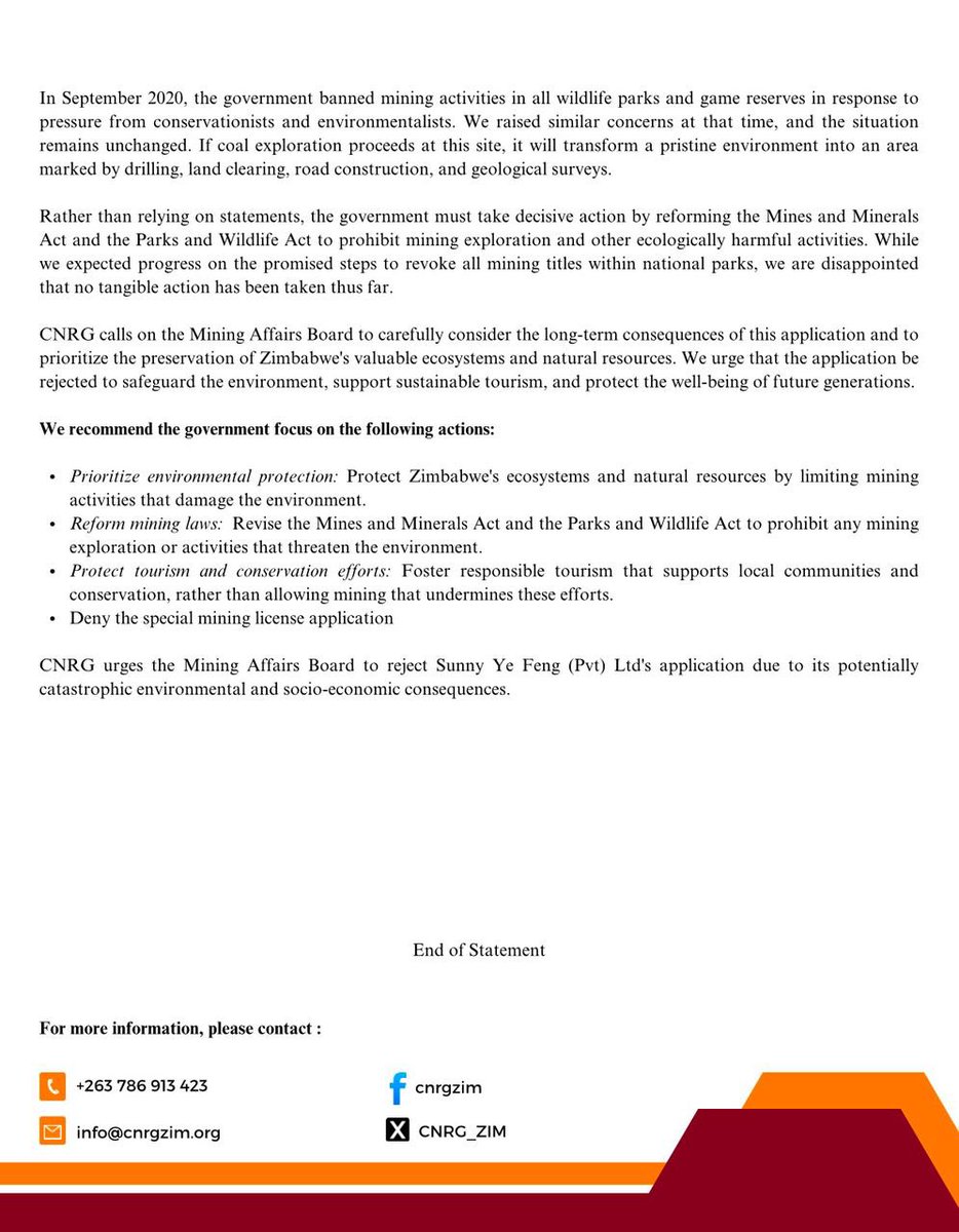 CNRG_ZIM's tweet image. We are happy @Zimparks has heeded our call #CSOs to cancel mining applications in Hwange National Park, #Sinamatella Black Rhino Intensive Protection Zone. We oppose any mining activities in protected wildlife areas, as they pose a severe threat to biodiversity, local communities