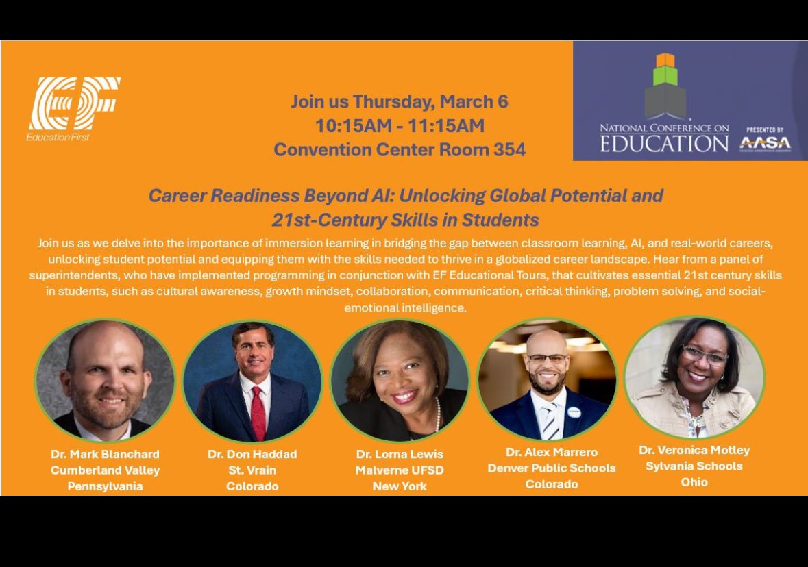 Join us at our session this morning at 10:15am to discuss Career Readiness beyond AI: Immersion Learning for Skill Development w/ Drs. Alex Marrero, Don Haddad, Mark Blanchard, Lorna Lewis &amp; Veronica Motley.  Convention center Room 354.  <a href="/AASAHQ/">AASA</a> #NCE2025 <a href="/EFtours/">EF Educational Tours</a>