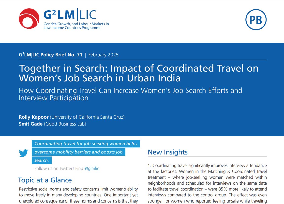 G2LM|LIC (@glmlic) on Twitter photo 📄 New Policy Brief <a href="/GLMLIC/">G2LM|LIC</a>: Coordinating travel for job-seeking women helps overcome mobility barriers and boosts job search. 🔍 💼 Findings by <a href="/RollyKapoor/">Rolly Kapoor</a> and <a href="/smitgade1/">Smit Gade</a> #India
Read: bit.ly/4kuWICc
<a href="/FCDOGovUK/">Foreign, Commonwealth & Development Office</a> #EconTwitter 📄 New Policy Brief <a href="/GLMLIC/">G2LM|LIC</a>: Coordinating travel for job-seeking women helps overcome mobility barriers and boosts job search. 🔍 💼 Findings by <a href="/RollyKapoor/">Rolly Kapoor</a> and <a href="/smitgade1/">Smit Gade</a> #India
Read: bit.ly/4kuWICc
<a href="/FCDOGovUK/">Foreign, Commonwealth & Development Office</a> #EconTwitter