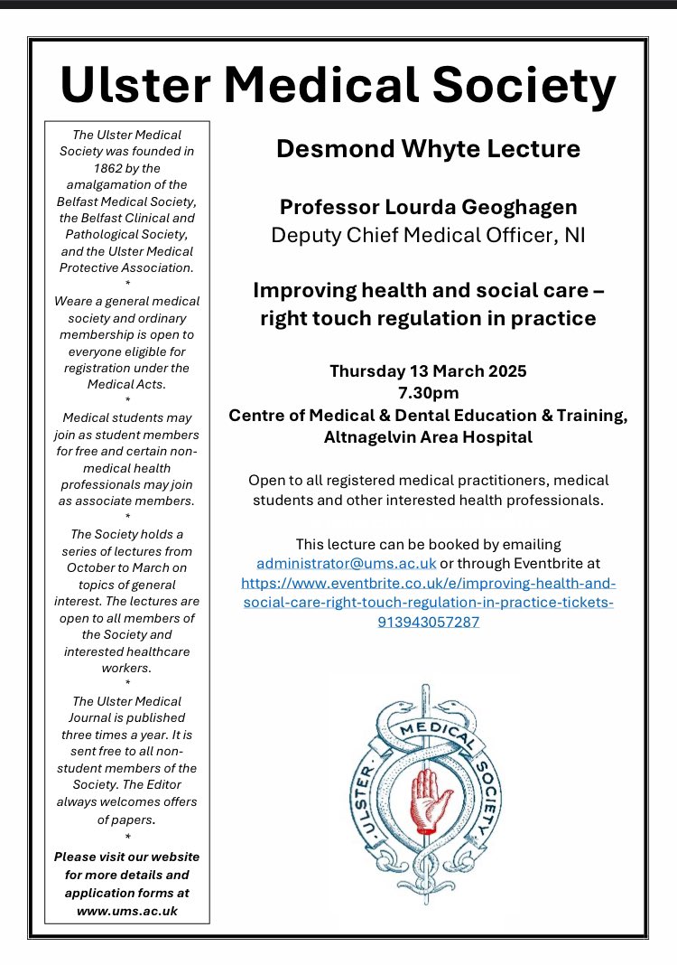 UlsterMedicalSociety (@ulstermedsoc) on Twitter photo Come and join us next Thursday 13th March at Altnagelvin Area Hospital for the penultimate evening lecture of our season by <a href="/doclourda/">Lourda Geoghegan</a> <a href="/markvignesha/">Mark Vignesha Roberts</a> <a href="/WesternHSCTrust/">Western Trust</a> <a href="/healthdpt/">Department of Health</a> <a href="/rcgp_ni/">RCGPNI</a>
Please book via the eventbrite link so we have catered with the buffet that precedes it. Come and join us next Thursday 13th March at Altnagelvin Area Hospital for the penultimate evening lecture of our season by <a href="/doclourda/">Lourda Geoghegan</a> <a href="/markvignesha/">Mark Vignesha Roberts</a> <a href="/WesternHSCTrust/">Western Trust</a> <a href="/healthdpt/">Department of Health</a> <a href="/rcgp_ni/">RCGPNI</a>
Please book via the eventbrite link so we have catered with the buffet that precedes it.