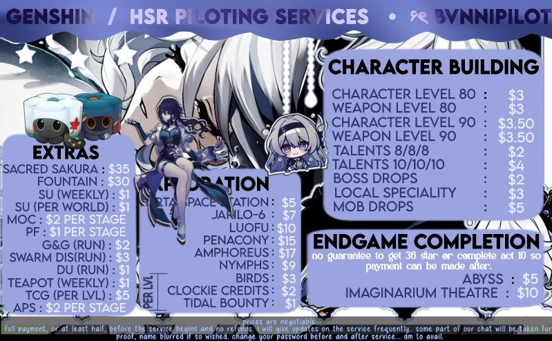 hyqcinthia's tweet photo. ── .✦  𝗡𝗘𝗪 𝗥𝗘𝗩𝗜𝗦𝗘𝗗 𝗣𝗥𝗜𝗖𝗘 𝗦𝗛𝗘𝗘𝗧。
dm to avail if you wish !  ellie's piloting services, at your command !

don't have time to grind out resources for your characters? too bored to complete a quest? no worries!
🏷 : #genshinpilot #hsrpilot #hoyopilot . https://t.co/4vp7lwFaWz