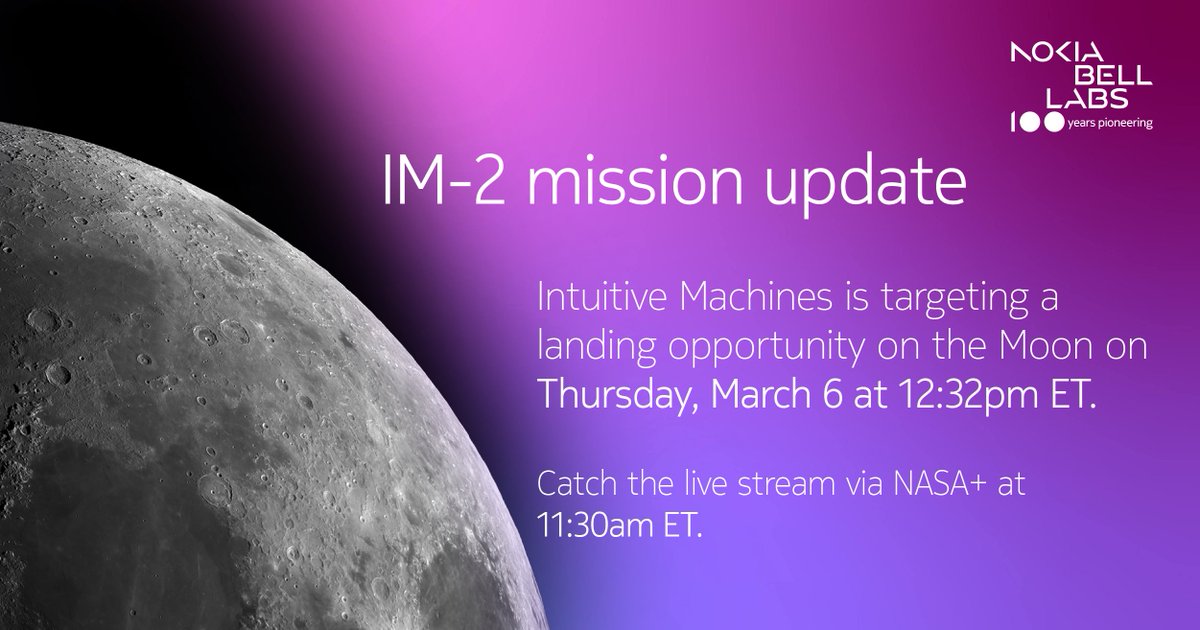 🚀 TODAY AT 12:32 PM ET: <a href="/Int_Machines/">Intuitive Machines</a>' Athena lander is targeting to land on the Moon. 
 
Watch it live ➡️nokia.ly/4h55jbT  

<a href="/LunarOutpostInc/">Lunar Outpost</a> <a href="/NASA_Technology/">NASA Technology</a>
#IM2 #ToTheMoon #BellLabs