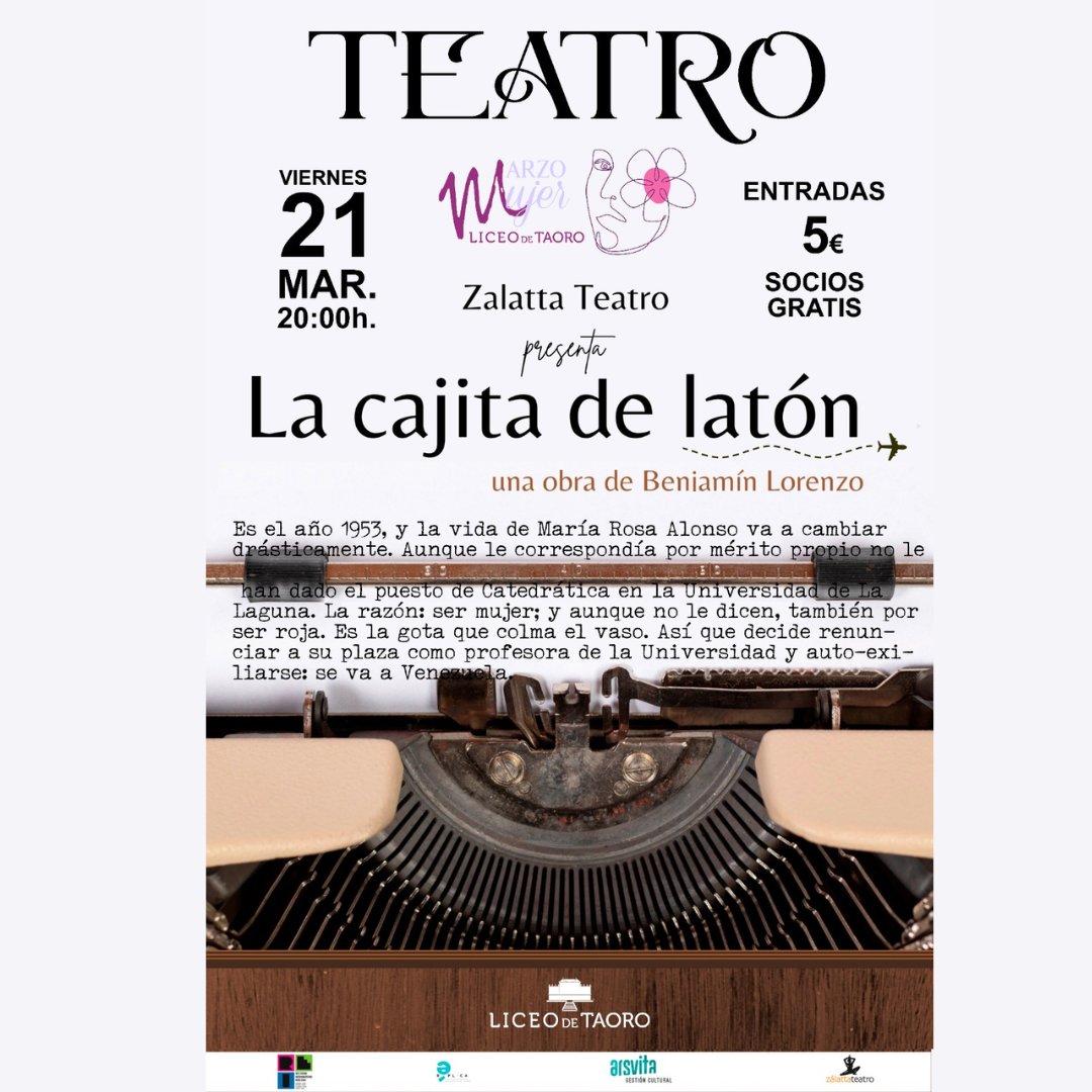 Basada en la vida de la escritora canaria María Rosa Alonso, Zálatta Teatro, presenta: "LA CAJITA DE LATON" día 21/3/2025 - 20 h. en el LICEO DE TAORO (La Orotava). 
 
#ViveElTeatro 
#SomosRei 

Réplica 
REI - Red Escena Iberoamericana 
Ars Vita. Gestión Cultural