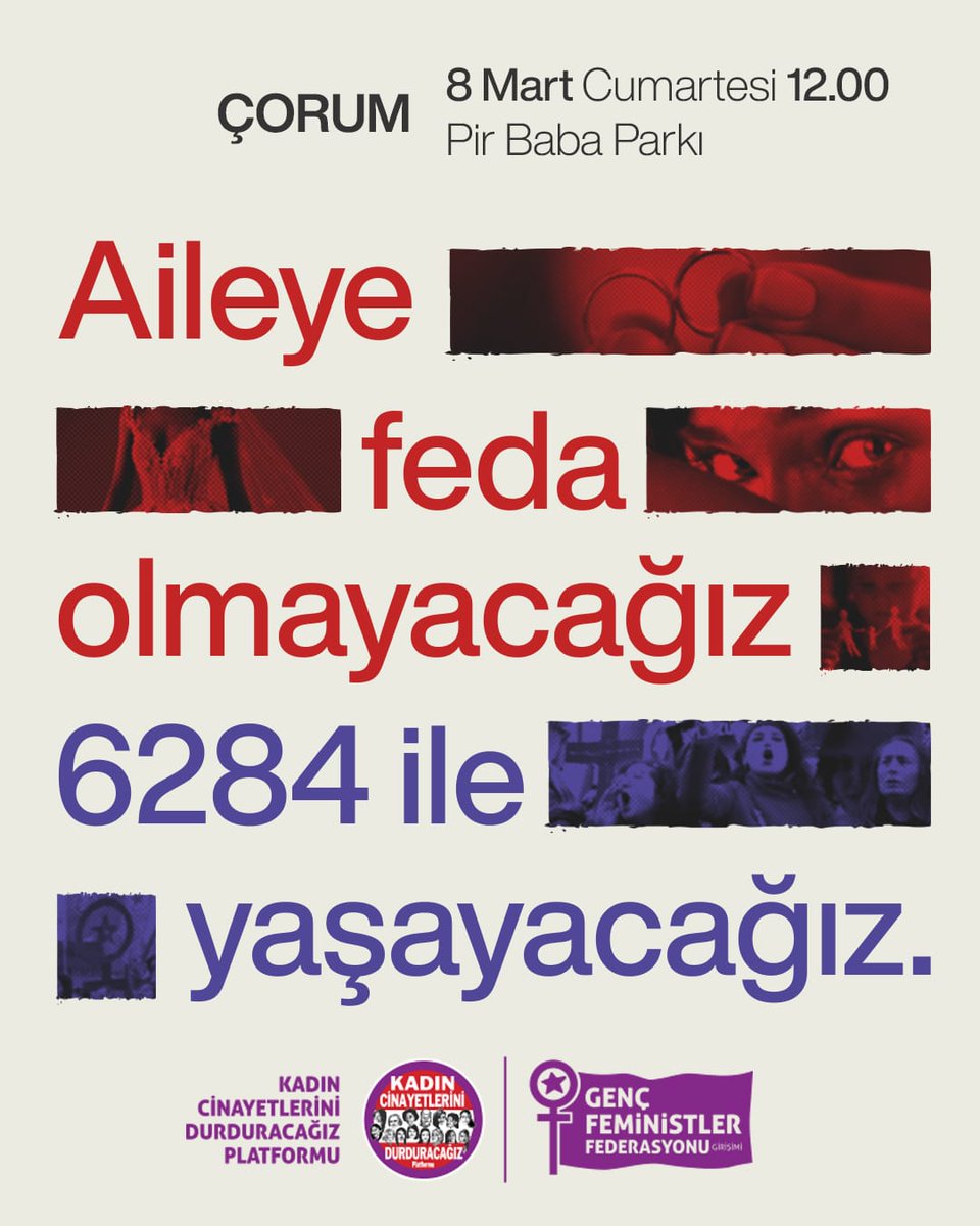Aileye feda olmayacağız, 6284 ile yaşayacağız.

8 Mart'ta toplanıyoruz. ✊🏼

8 Mart Cumartesi 12.00'da Pir Baba Parkı'nda bukuşuyoruz. Tüm kadınları bekleriz.