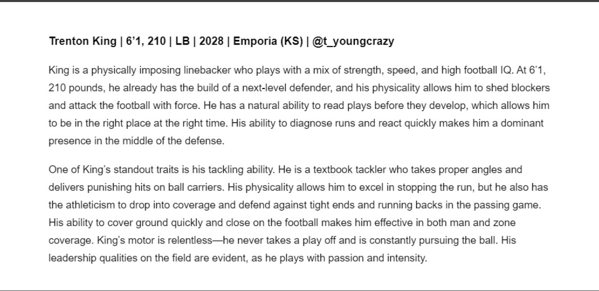 Trenton King (@t_youngcrazy) on Twitter photo Thank you <a href="/6starfootballKS/">Six Star Football | KANSAS</a> <a href="/sixstarfootball/">Six Star Football | PLUS+</a> for the write up means a lot. <a href="/PreWarWesley/">Coach Buckets</a> <a href="/cargile_wade/">CoolDaddyO</a> <a href="/PrepRedzoneKS/">Prep Redzone Kansas</a> <a href="/PrepRedzoneNext/">Prep Redzone 𝙉𝙀𝙓𝙏 🏈</a> <a href="/KSScoutDeck/">DeckScoutKS</a> Thank you <a href="/6starfootballKS/">Six Star Football | KANSAS</a> <a href="/sixstarfootball/">Six Star Football | PLUS+</a> for the write up means a lot. <a href="/PreWarWesley/">Coach Buckets</a> <a href="/cargile_wade/">CoolDaddyO</a> <a href="/PrepRedzoneKS/">Prep Redzone Kansas</a> <a href="/PrepRedzoneNext/">Prep Redzone 𝙉𝙀𝙓𝙏 🏈</a> <a href="/KSScoutDeck/">DeckScoutKS</a>