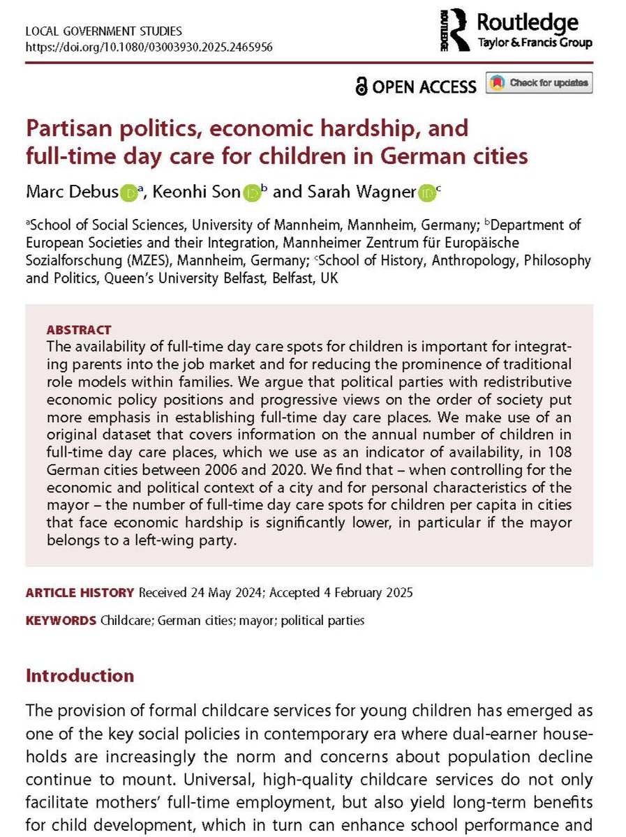 In a contribution to <a href="/LGStudies/">Local Government Studies</a>, <a href="/KeonhiS/">Keonhi Son</a>, <a href="/SarahWagnerPhD/">Sarah Wagner</a> and I find that the number of full day care spots for children in German cities is lower in case of economic hardship. This effect gets stronger  if the mayor belongs to a left-wing party shorturl.at/p8YUK 1/3