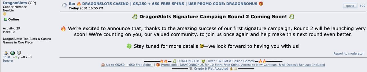 VaveCasino1's tweet photo. Iโm excited to hear that Dragon Slots casinoโ Signature Campaign Round 2 is coming soon at #Bitcointalk! ๐ After the success of Round 1, it looks like Round 2 will be even better. ๐Stay tuned for how to join & earn rewards! ๐
https://t.co/afECoyCGAa
#DragonSlots #CasinoPromos https://t.co/61vizx8dyi