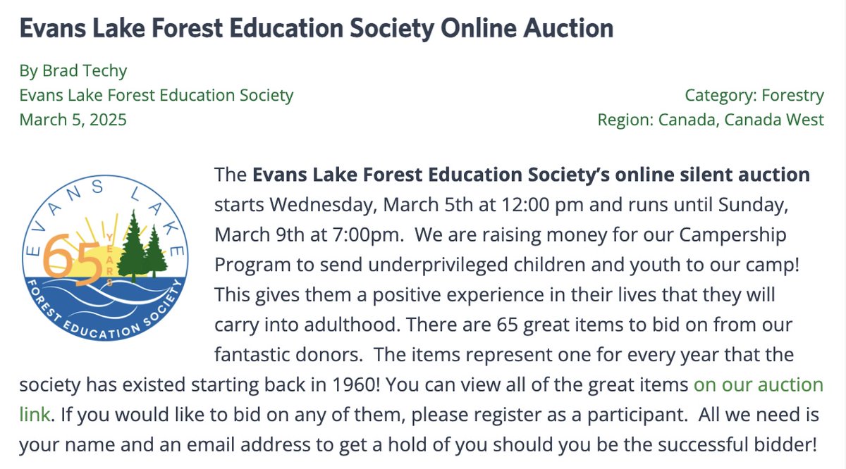 TreeFrogNews's tweet image. What kid doesn&apos;t love summer camp, but not every parent can afford it. Help @evanslake  raise money for their Campership program by bidding on items in their silent auction today. It closes on Sunday, so don&apos;t delay! 32auctions.com/AuctionLinkELF…