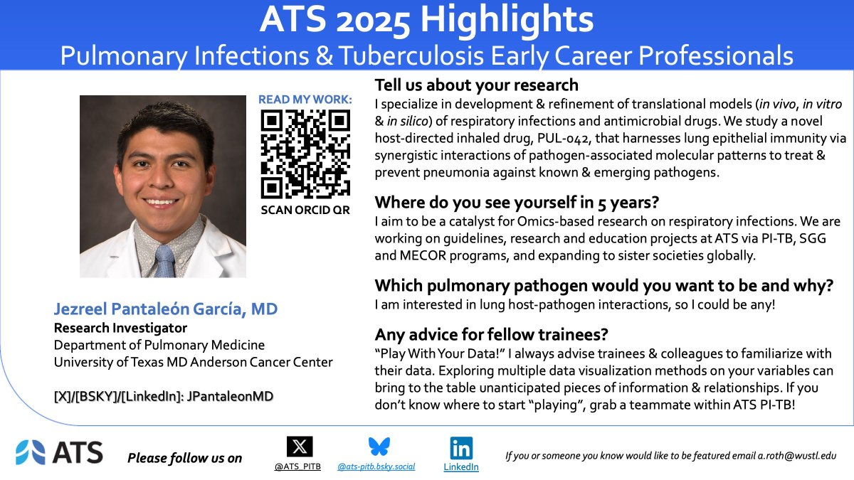 ATS PI-TB Assembly (@ats_pitb) on Twitter photo Meet our <a href="/ATS_PITB/">ATS PI-TB Assembly</a> Assembly Early Career Highlight, Dr. Jezreel Pantaleón García. Dr. Garcia's research focuses on developing translational models of 🦠 pulmonary infections. 🫁 Meet our <a href="/ATS_PITB/">ATS PI-TB Assembly</a> Assembly Early Career Highlight, Dr. Jezreel Pantaleón García. Dr. Garcia's research focuses on developing translational models of 🦠 pulmonary infections. 🫁