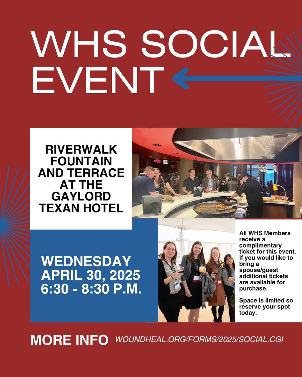 Don't miss the 2025 WHS Members Social Event! 🎉
🗓️ April 30 | 6:30-8:30 PM
📍 Riverwalk Fountain &amp; Terrace, Gaylord Texan Hotel
Complimentary ticket for members—additional tickets for guests. Limited space! Secure your spot now: woundheal.org/forms/2025/soc… ✨ #WHS #SocialEvent
