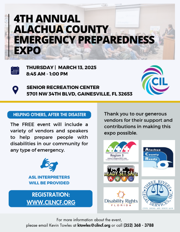 Join us for the Annual Alachua County Emergency Preparedness Expo on March 13th! Get the info and resources you need to be ready for anything, with speakers and vendors focused on supporting individuals with disabilities.💪 #BePrepared #EmergencyPreparedness #disabilitysupport