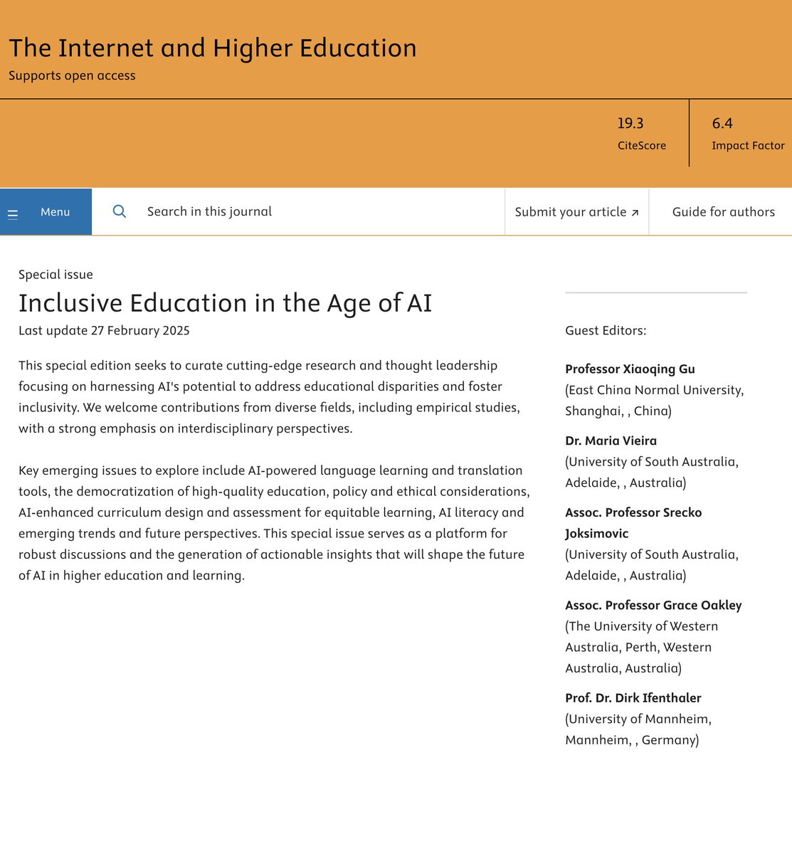 Kui Xie 谢魁 (@kuixiephd) on Twitter photo Glad to share a special issue on “Inclusive Education in the Age of AI” is now available in The Internet and Higher Education <a href="/ElsevierConnect/">Elsevier</a>. Thanks for our guest editors Xiaoqing Gu, Maria Vieira, <a href="/s_joksimovic/">Srecko Joksimovic</a>, <a href="/goakley1/">Grace Oakley</a>, Dirk Ifenthaler. More to come!
sciencedirect.com/special-issue/… Glad to share a special issue on “Inclusive Education in the Age of AI” is now available in The Internet and Higher Education <a href="/ElsevierConnect/">Elsevier</a>. Thanks for our guest editors Xiaoqing Gu, Maria Vieira, <a href="/s_joksimovic/">Srecko Joksimovic</a>, <a href="/goakley1/">Grace Oakley</a>, Dirk Ifenthaler. More to come!
sciencedirect.com/special-issue/…