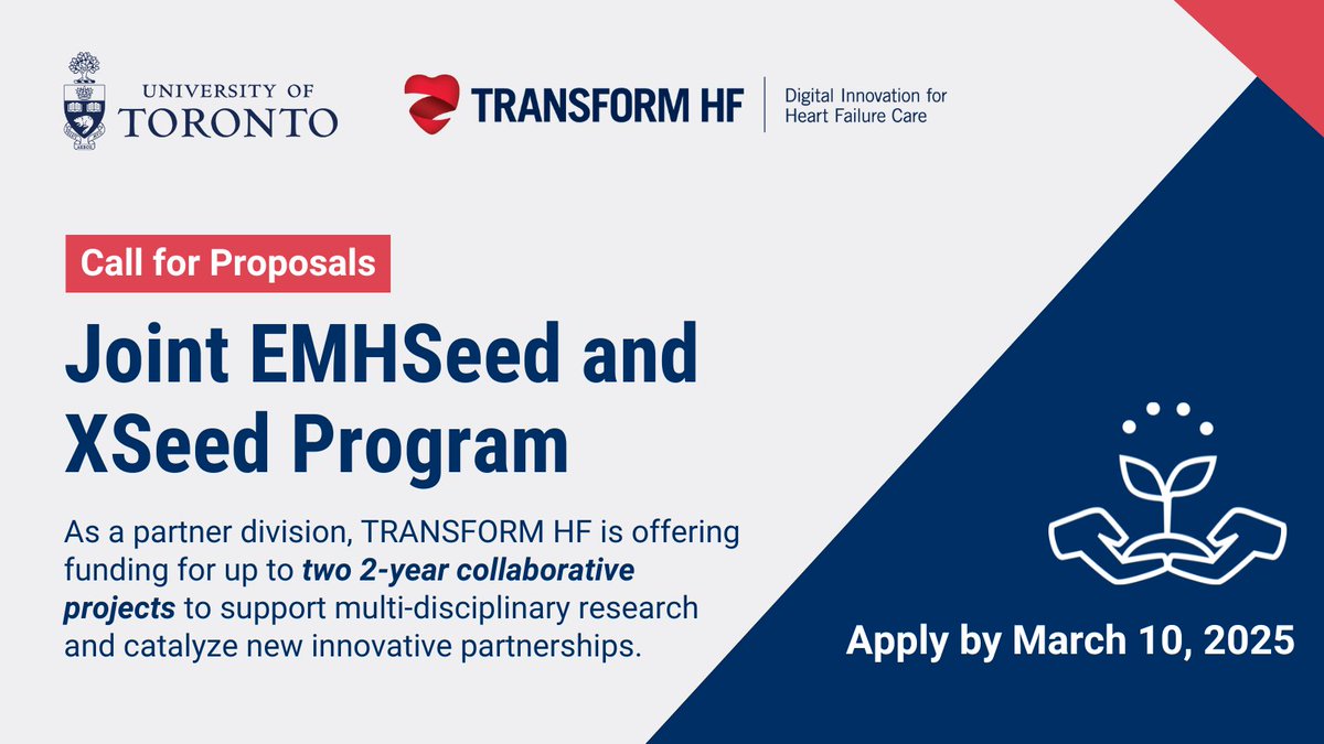 Ted Rogers Centre for Heart Research (@trogersresearch) on Twitter photo ⌛ Reminder: <a href="/TransformHF/">TRANSFORM HF</a> is offering $60K per year in funding for up to two 2-year collaborative projects as part of <a href="/UofTEngineering/">University of Toronto Engineering</a>'s 2025 Joint EMHSeed & XSeed program.
⏰ Applications are due on March 10th!
🔗 transformhf.ca/opportunities/… ⌛ Reminder: <a href="/TransformHF/">TRANSFORM HF</a> is offering $60K per year in funding for up to two 2-year collaborative projects as part of <a href="/UofTEngineering/">University of Toronto Engineering</a>'s 2025 Joint EMHSeed & XSeed program.
⏰ Applications are due on March 10th!
🔗 transformhf.ca/opportunities/…