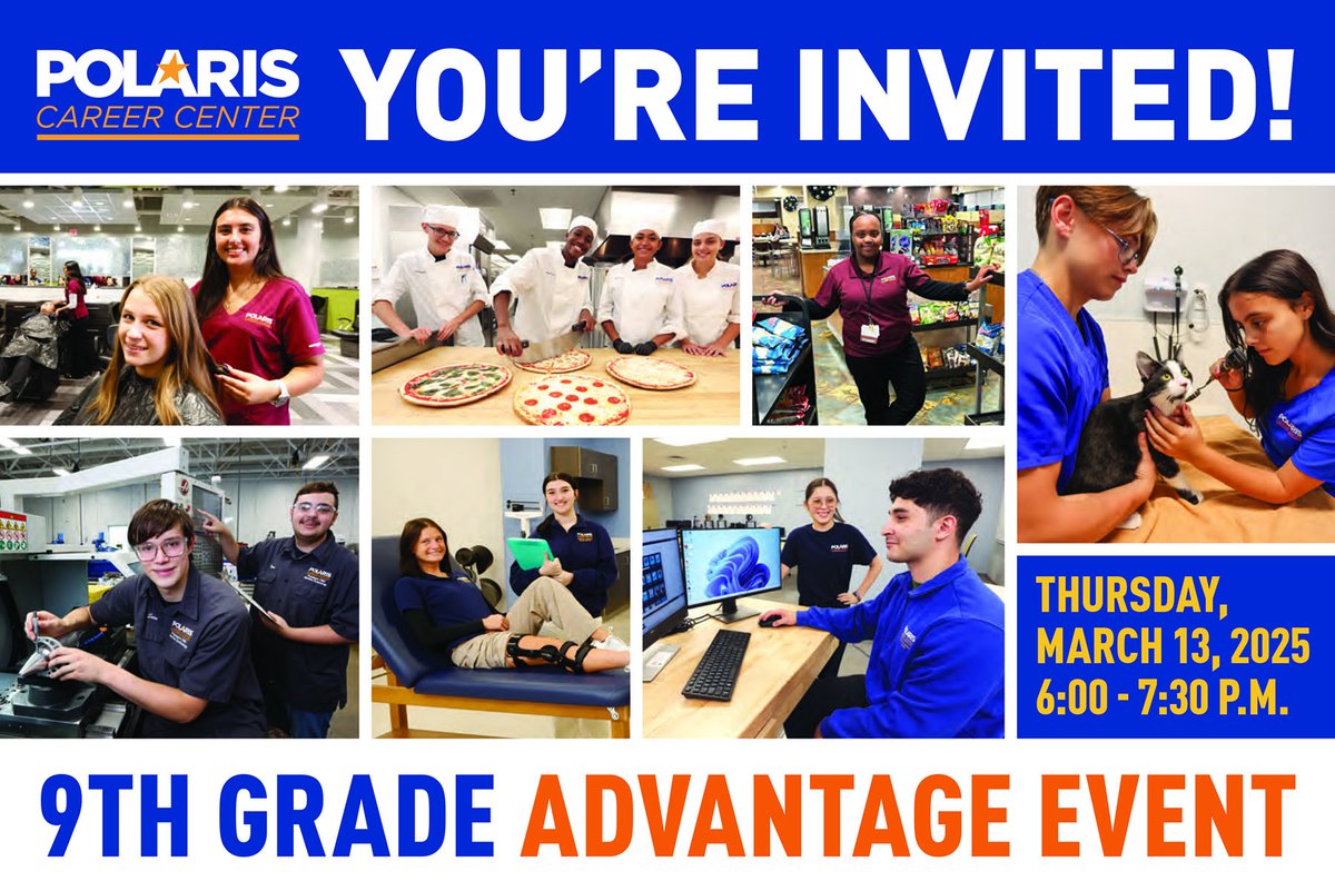 Freshmen, you’re invited to our special <a href="/PolarisCareerHS/">Polaris High School</a> open house event – the 9th Grade Advantage! Visit our state-of-the-art programs, meet our teachers, earn points toward future enrollment &amp; more! See you on March 13th! bit.ly/3KE3bLc #DiscoverYourFuture💪