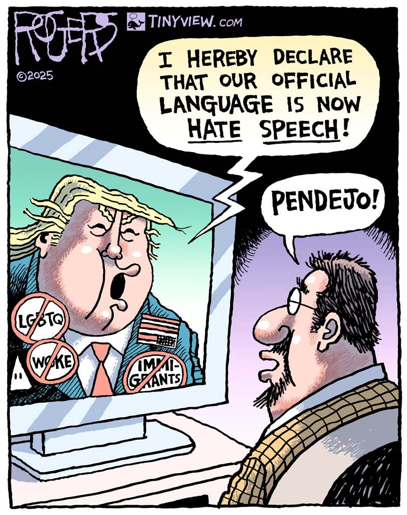 Rob Rogers (@rob_rogers) on Twitter photo My latest cartoon via <a href="/TinyviewComics/">Tinyview Comics</a>. For full image click on link in comments. #EnglishOnly #StateOfTheUnion #Trump #HateSpeech #LGBTQ #Immigrants #Fascism My latest cartoon via <a href="/TinyviewComics/">Tinyview Comics</a>. For full image click on link in comments. #EnglishOnly #StateOfTheUnion #Trump #HateSpeech #LGBTQ #Immigrants #Fascism