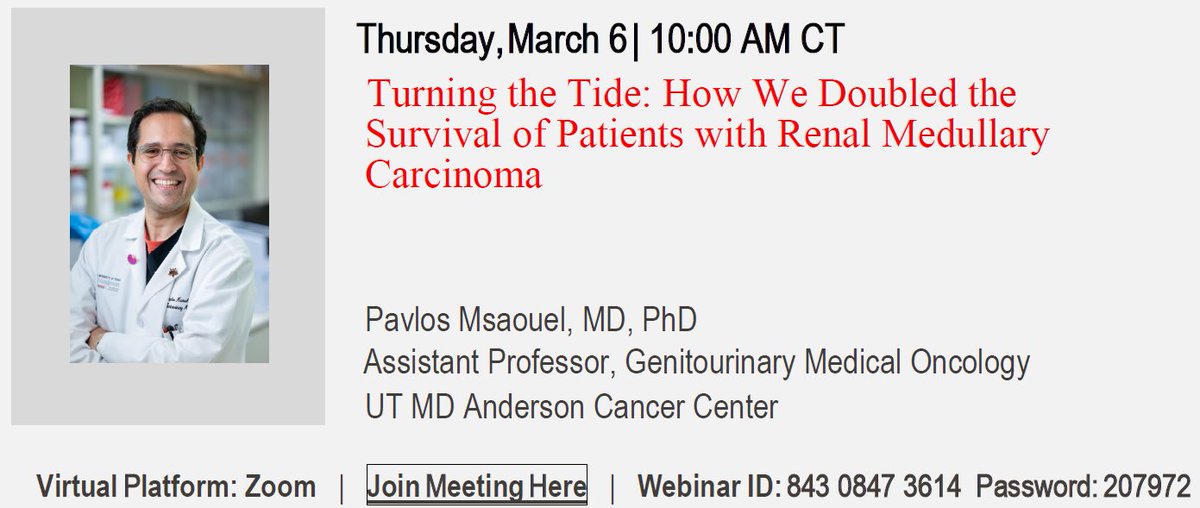 Pavlos Msaouel (@pavlosmsaouel) on Twitter photo Excited to discuss in 2 hours the team science & passionate advocacy that accelerated progress for #RenalMedullaryCarcinoma a disease once thought to be near-uniformly unbeatable. Will be videotaped and freely livestreamed <a href="/MDAndersonNews/">MD Anderson Cancer Center</a> 👉mdanderson.org/research/resea… #MsaouelLab Excited to discuss in 2 hours the team science & passionate advocacy that accelerated progress for #RenalMedullaryCarcinoma a disease once thought to be near-uniformly unbeatable. Will be videotaped and freely livestreamed <a href="/MDAndersonNews/">MD Anderson Cancer Center</a> 👉mdanderson.org/research/resea… #MsaouelLab