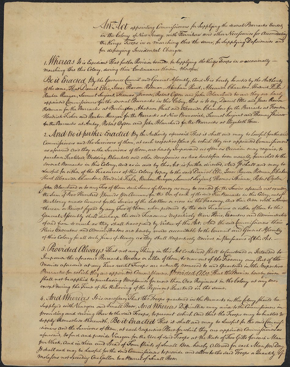 The State Archives maintains a list of missing and alienated records that belong at the Archives but have been lost or stolen over the years. We were recently able to track down one such enrolled law from the Royal Colony of New Jersey, dated December 6, 1769.