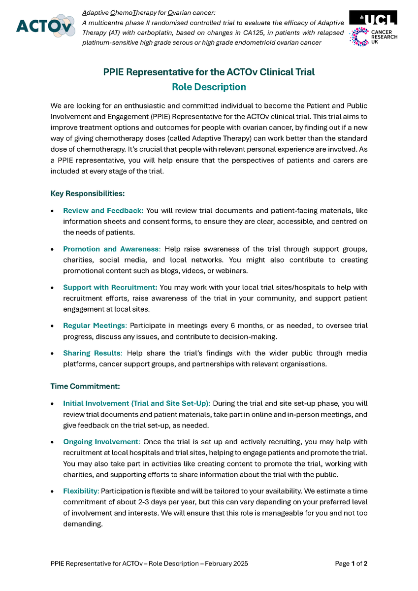 Ovacome's tweet photo. Interested in being a PPIE representative for the ACTOv trial? Contact the team at UCL CTC: ctc.actov@ucl.ac.uk. You'll help shape research benefiting future patients and advance clinical research for ovarian cancer. https://t.co/A9Xuo9sYqy