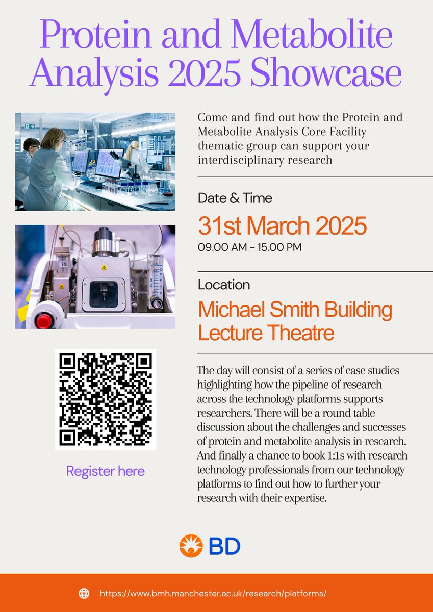 Come and find out how the Protein and Metabolite Analysis group can support your research at the Protein and Metabolite Analysis 2025 Showcase!

📅 31 March 2025 | 🕒 9am - 3:00pm
📍 Michael Smith Building Lecture Theatre

Register here: eventbrite.co.uk/e/protein-meta…