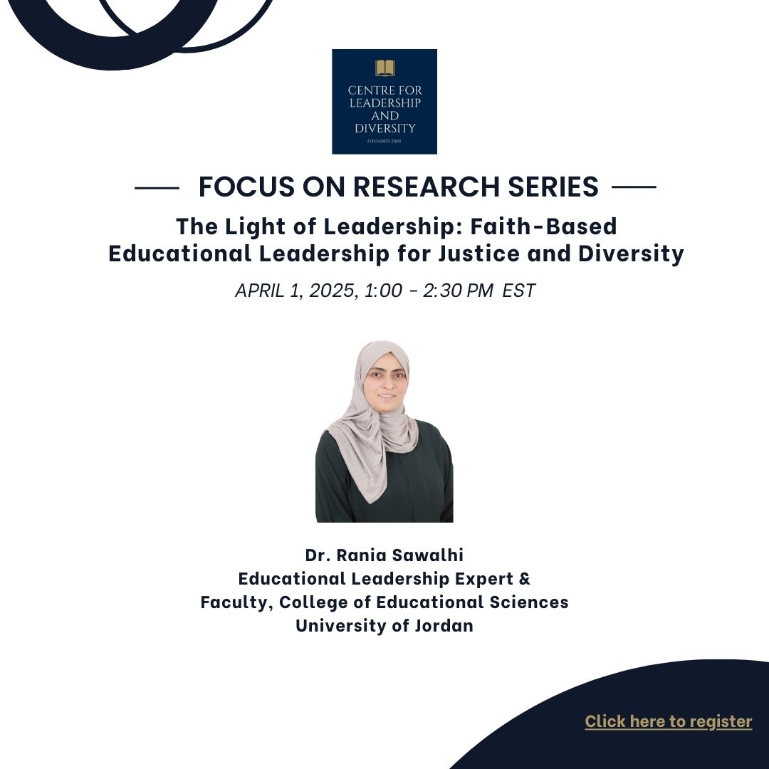 The Centre for Leadership &amp; Diversity presents it's next Focus on Research Series on April 1, 2025 @ 1:00 pm, with Dr. Rania Sawalhi <a href="/OISEUofT/">OISEUofT</a> <a href="/LHAEUTOISE/">Leadership, Higher and Adult Education, UT/OISE</a> 💫

Link to register:
oise-utoronto.zoom.us/meeting/regist…

See you there! 💫

<a href="/DrAnnLopez/">Educator</a>