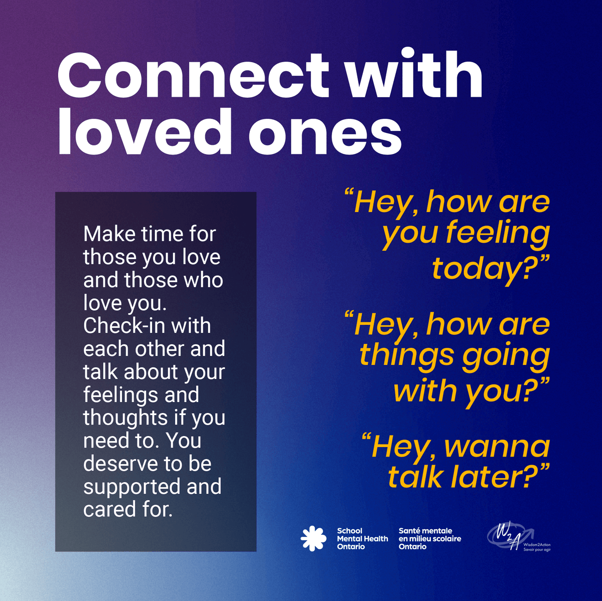 Have you connected with your loved-ones today? 

Checking in with each other and talking about your feelings and thoughts is great way to support your #mental well-being.  
 
Visit <a href="/SMHO_SMSO/">School Mental Health Ontario</a> for resources: smho-smso.ca