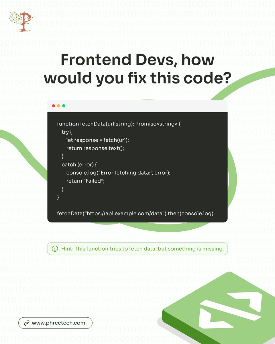 PhreeTechLabs's tweet image. 🚀 Frontend Devs, we’ve got a challenge for you! 

Check out this code snippet, something is missing.

Can you spot the issue? 👀

Drop your fixes in the comment! Let’s see who gets it right first. 🧑‍💻👇

#FrontendDev #CodingChallenge #JavaScript #WebDevelopment #Debugging