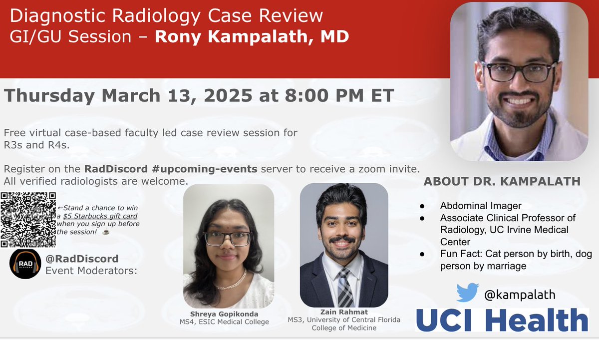 Diagnostic Radiology Case Review
GI/GU Session - Rony Kampalath, MD

Thursday March 13, 2025 at 8:00 PM ET

Free virtual case-based faculty led case review session for R3s and R4s.

Register on the RadDiscord #upcoming-events server to receive a zoom invite.

All verified