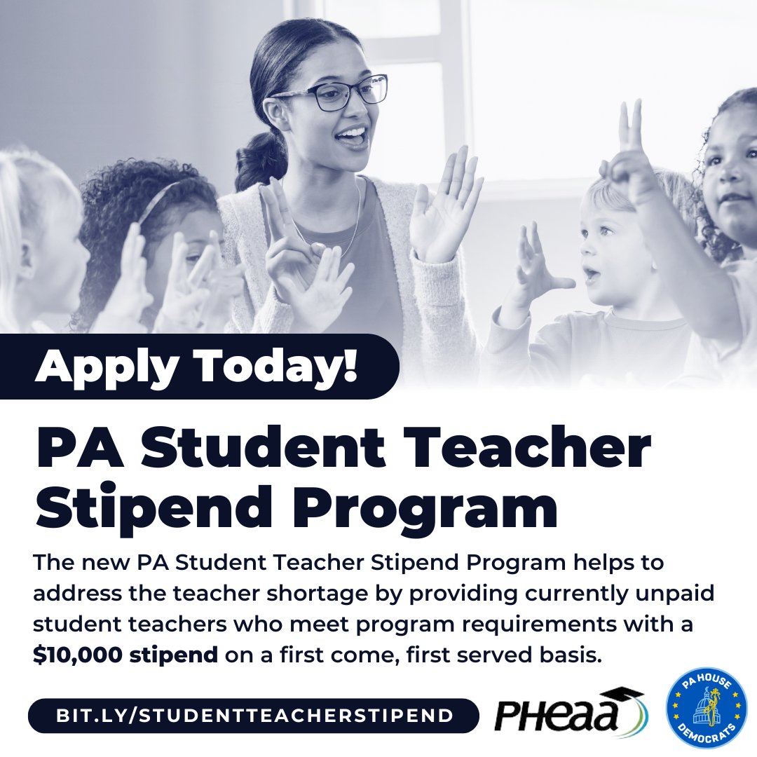 RepProbst's tweet image. Don&apos;t miss it! The PA Student Teacher Stipend Program opens this afternoon. Eligible student teachers can receive a $10,000 stipend through this program, administered by PHEAA. Use the link bit.ly/studentteacher… for more information and to apply!