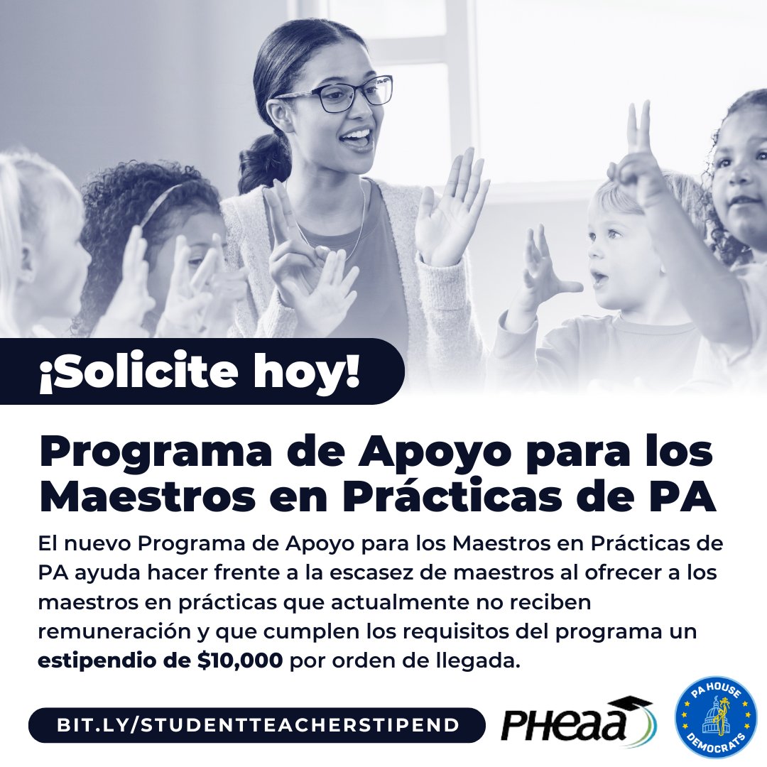 RepProbst's tweet image. Don&apos;t miss it! The PA Student Teacher Stipend Program opens this afternoon. Eligible student teachers can receive a $10,000 stipend through this program, administered by PHEAA. Use the link bit.ly/studentteacher… for more information and to apply!