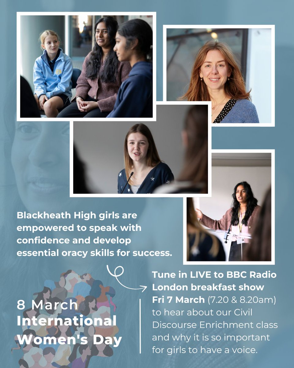 Every day is #InternationalWomenDay at Blackheath High!🎯 To mark #iwd2025, #BBCRadioLondon will be joining us on 7 March for a live broadcast from our #CivilDiscourse #enrichment class, teaching girls key #oracyskills for success.🗣️ 
See our open events👉🏼bit.ly/4eR6YSH