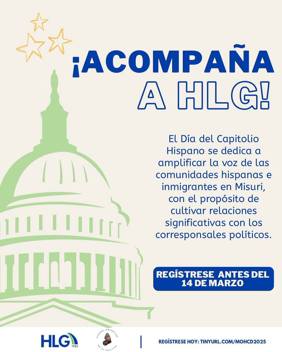 ⭐️ Hispanic Capitol Day is now March 25, 2025 ⭐️ 

📅 Registration closes March 14, 2025
🚨 If you’ve already registered, you do NOT need to re-register
🚍 The bus from St. Louis is FULL. Participants are asked to carpool together to Jefferson City!