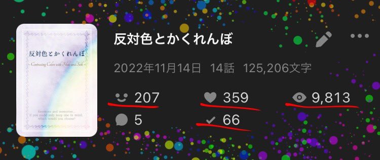 Satsuki50998673's tweet photo. 【 シリーズ総計  ( ¨̮ )200↑ ＆ ♡350↑ 】
【 シリーズ総計 9800view↑ 】 
 
完結後でも、物語と
新たに出会ってくださる方々がいて
お知らせが届く度にとても嬉しいです
 
引き続き、応援して下さる方々へ深く感謝を申し上げます。
 
 #エラインとかくれんぼ
 #いろ��く

https://t.co/f7N2Dxc6W3 https://t.co/rKmdGlAdk4