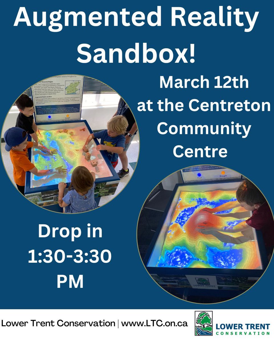 Join us at the Centreton Community Centre from 1:30-3:30 to learn about watersheds with our Augmented reality Sandbox!