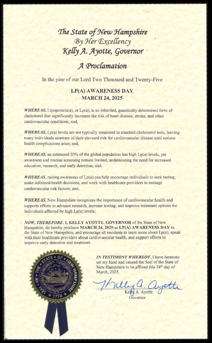 Hilly Paige Jr (@hillypaige2) on Twitter photo #KnowLpa
#LpaAwarenessDay
🙏🏻🙏🏻 to New Hampshire governor <a href="/KellyAyotte/">Governor Kelly Ayotte</a> for issuing this proclamation for Lp(a) Awareness Day 2025!
And thanks to <a href="/FamilyHeartFdn/">Family Heart Foundation</a> ambassador Bill Klein for making it happen!👏
<a href="/KAWilemon/">Katherine Wilemon</a> <a href="/JenLFarnell/">Jen Farnell</a> <a href="/SethJBaumMD/">Seth J. Baum MD</a> #KnowLpa
#LpaAwarenessDay
🙏🏻🙏🏻 to New Hampshire governor <a href="/KellyAyotte/">Governor Kelly Ayotte</a> for issuing this proclamation for Lp(a) Awareness Day 2025!
And thanks to <a href="/FamilyHeartFdn/">Family Heart Foundation</a> ambassador Bill Klein for making it happen!👏
<a href="/KAWilemon/">Katherine Wilemon</a> <a href="/JenLFarnell/">Jen Farnell</a> <a href="/SethJBaumMD/">Seth J. Baum MD</a>
