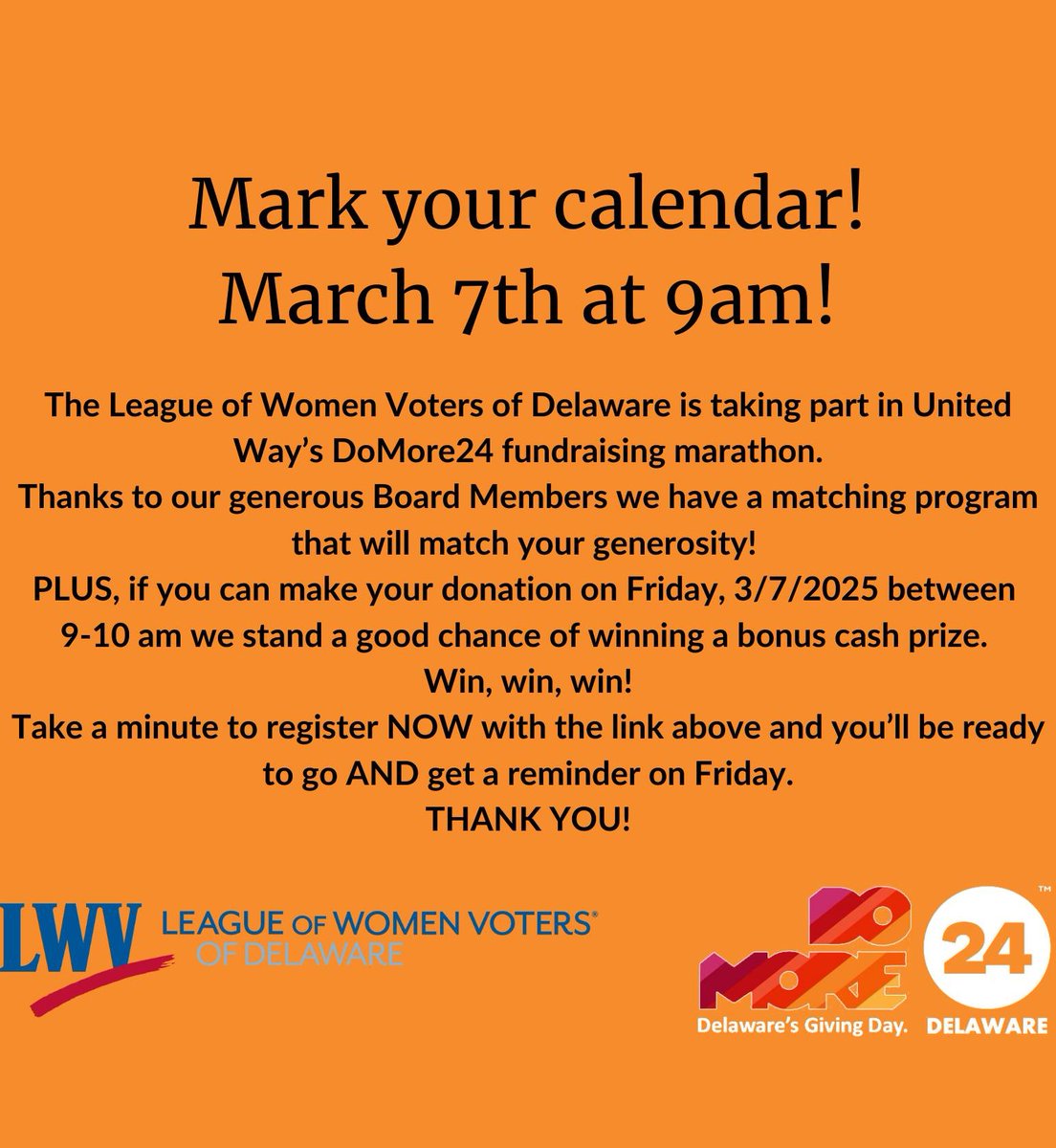 Our Sweet spot for DoMore 24 Delaware: 
Friday, March 7, 2025 - 9:00am to 10:00am

Donate $10 or more to LWVDE through DoMore24 between 9 and 10 am on Friday, March 7, to help us win an extra bonus prize!
domore24delaware.org/fundraisers/le…

#DoMore24 #Delaware #LoveMyLeague #ExtraPrize