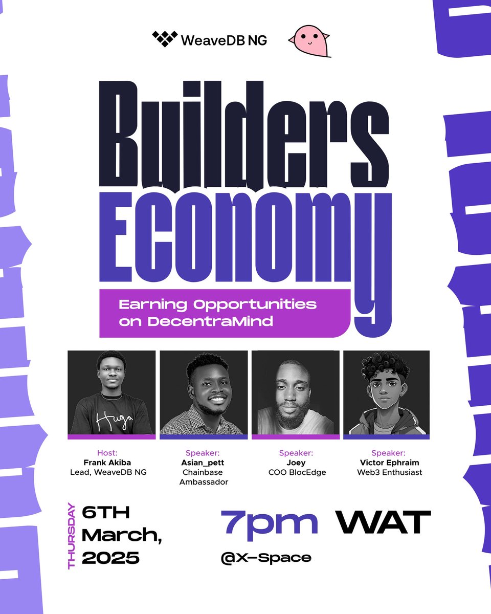 Frank Akiba 🧬 (@frankakiba060) on Twitter photo Hello web3 enthusiasts, 💫
it’s a pleasure to invite you to a value packed X Space Today!
You get to learn about:
1. Bounty opportunities in <a href="/ArweaveEco/">Arweave Ecosystem</a> / <a href="/aoTheComputer/">ao</a> through <a href="/decentramindio/">DecentraMind</a>
2. Freelancing Tips in the web3 space
Joining the conversation are great Hello web3 enthusiasts, 💫
it’s a pleasure to invite you to a value packed X Space Today!
You get to learn about:
1. Bounty opportunities in <a href="/ArweaveEco/">Arweave Ecosystem</a> / <a href="/aoTheComputer/">ao</a> through <a href="/decentramindio/">DecentraMind</a>
2. Freelancing Tips in the web3 space
Joining the conversation are great