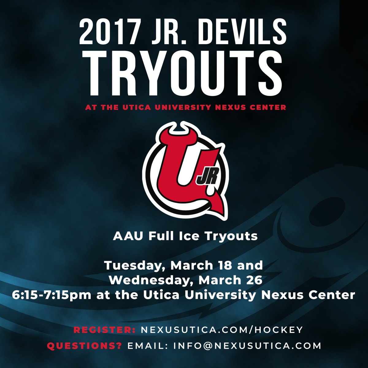 Utica Jr. Devils are back for 2017 Birth Years! Tryouts are March 18th and 26th!

Sign up: nexusutica.com/hockey