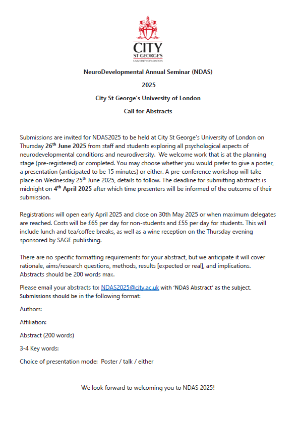 City Language & Communication Science (@citylcs) on Twitter photo The Neurodevelopmental Annual Seminar NDAS 2025 is being held <a href="/CityStGeorges/">City St George's, University of London</a> this year on 26th Juneπ
Call for abstracts is now live - deadline 4th April. Please see below for details.
#NDAS2025 #SLPeeps #neurodiversity #psychology The Neurodevelopmental Annual Seminar NDAS 2025 is being held <a href="/CityStGeorges/">City St George's, University of London</a> this year on 26th Juneπ
Call for abstracts is now live - deadline 4th April. Please see below for details.
#NDAS2025 #SLPeeps #neurodiversity #psychology