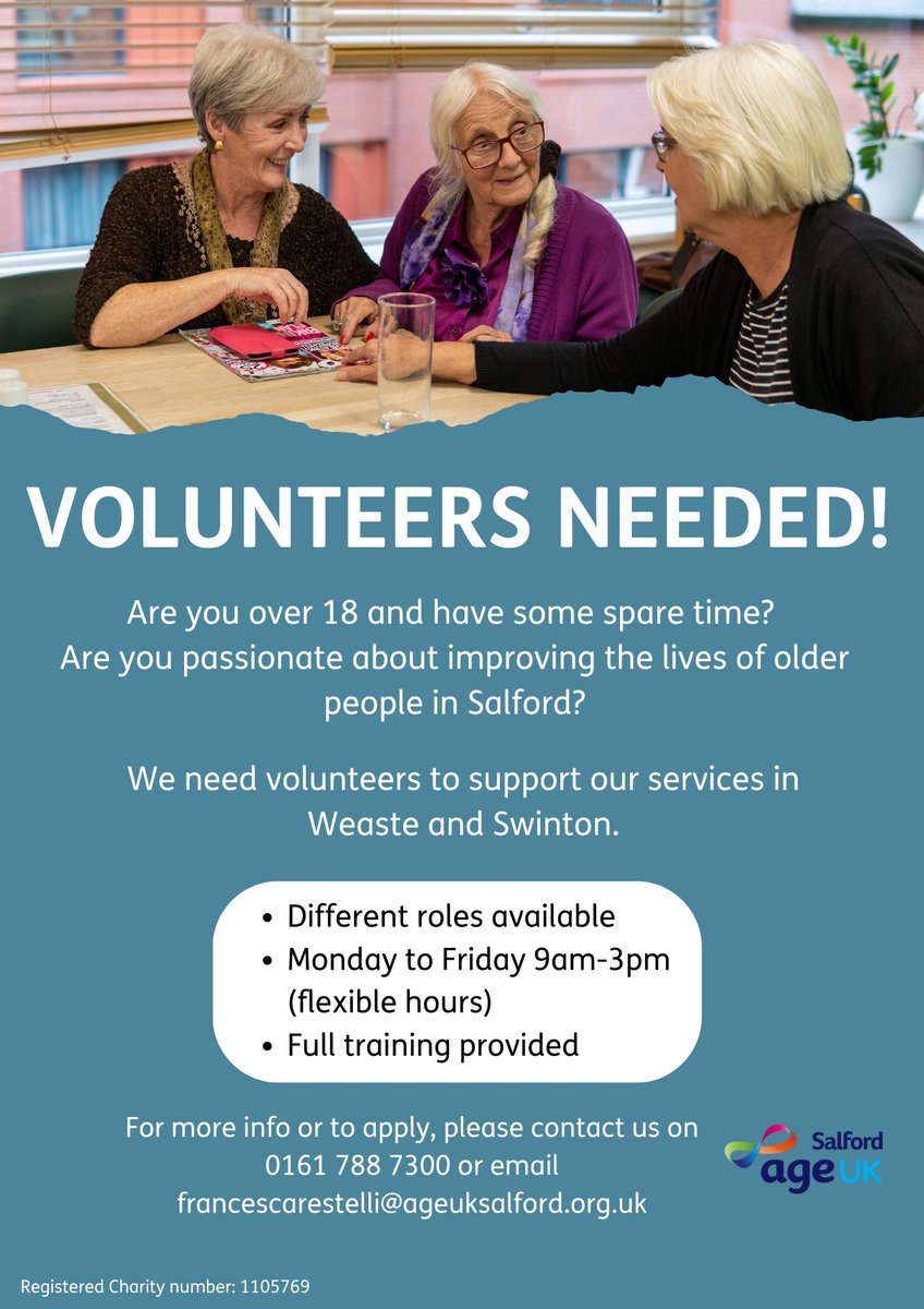 Age UK Salford (@ageuksalford) on Twitter photo Have you thought about volunteering and/or are looking for a new opportunity?
We're looking for volunteers to support our services in Weaste and Swinton.
For more information, email: francescarestelli@ageuksalford.org.uk or call on: 0161 788 7300. Have you thought about volunteering and/or are looking for a new opportunity?
We're looking for volunteers to support our services in Weaste and Swinton.
For more information, email: francescarestelli@ageuksalford.org.uk or call on: 0161 788 7300.
