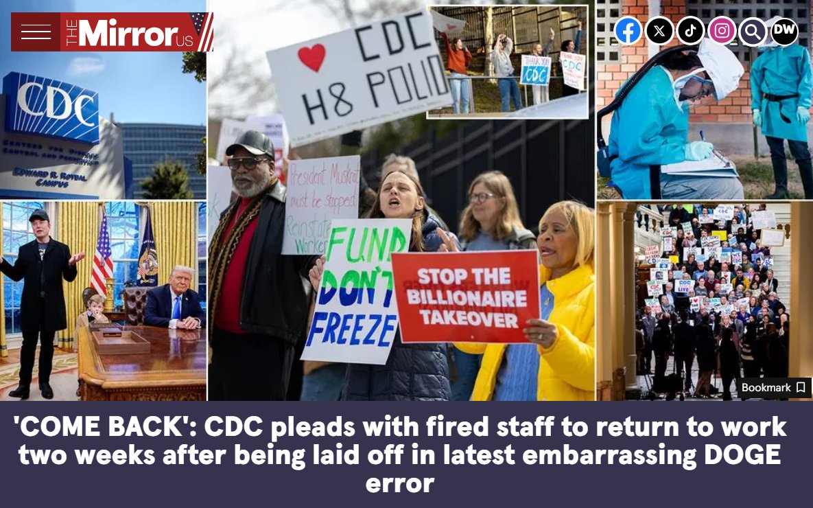 dpwhitbread's tweet image. The CDC has pleaded for around 180 employees to return to work after they were laid off amid government cost-cutting initiatives two weeks ago.

The agency issued the groveling request on Tuesday after DOGE axed hundreds of workers.

themirror.com/news/us-news/c…