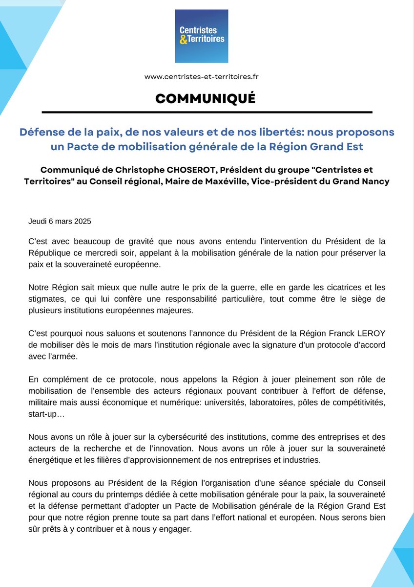 Préserver la paix, défendre nos valeurs et nos libertés : la région doit être pleinement mobilisée.

📝 Découvrez notre proposition de Pacte de mobilisation générale de la Région Grand Est !

Retrouvez le communiqué de Christophe Choserot , président du groupe Centristes et