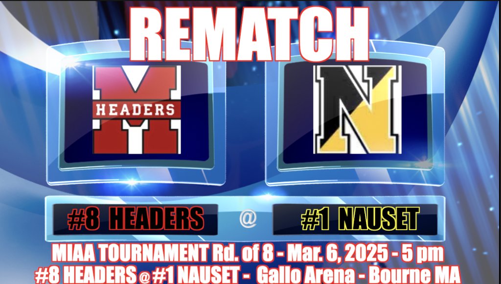 MHTV Sports (@jessmhtvsports) on Twitter photo Today, the #8 <a href="/HeadersHockey/">Headers Hockey</a> vs. #1 Nauset in the <a href="/MIAA033/">MIAA</a> Rd. of 8 - rematch of last year's state title
Puck drop - 5 pm - Gallo Arena - Bourne, MA
no live stream from MHTV due to scheduling conflicts
Go Headers! <a href="/MarbleheadHS_AD/">MHS Athletics</a> <a href="/allmarblehead/">allmarblehead</a> <a href="/TownofMHD/">Town of Marblehead</a> <a href="/MHDBoosters/">Marblehead Boosters</a> Today, the #8 <a href="/HeadersHockey/">Headers Hockey</a> vs. #1 Nauset in the <a href="/MIAA033/">MIAA</a> Rd. of 8 - rematch of last year's state title
Puck drop - 5 pm - Gallo Arena - Bourne, MA
no live stream from MHTV due to scheduling conflicts
Go Headers! <a href="/MarbleheadHS_AD/">MHS Athletics</a> <a href="/allmarblehead/">allmarblehead</a> <a href="/TownofMHD/">Town of Marblehead</a> <a href="/MHDBoosters/">Marblehead Boosters</a>