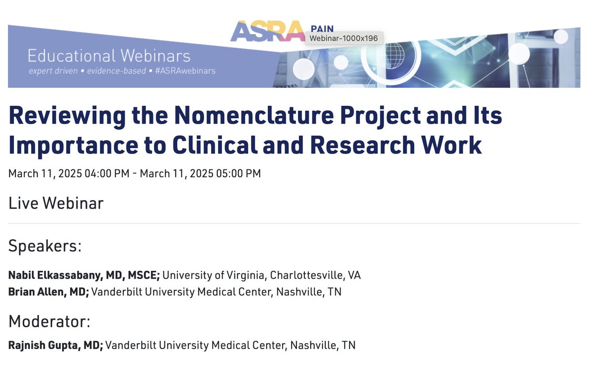 Nabil Elkassabany MD MBA MSCE (@nelkassabany) on Twitter photo Join me and Brian Allen and for <a href="/ASRA_Society/">ASRA Pain Medicine</a> webinar to discuss Nomenclature of Blocks with your host <a href="/dr_rajgupta/">Raj Gupta, MD, FASRA</a> On Tuesday March 11th the link to registration is here asra.com/events-educatiโฆ <a href="/UVaAnesthesia/">UVA Anesthesiology</a> <a href="/UVARegional/">UVA Regional</a> @vumcanesres <a href="/ESRA_Society/">ESRA | European Society of Regional Anaesthesia</a> <a href="/mokaeleni/">Eleni Moka</a> Join me and Brian Allen and for <a href="/ASRA_Society/">ASRA Pain Medicine</a> webinar to discuss Nomenclature of Blocks with your host <a href="/dr_rajgupta/">Raj Gupta, MD, FASRA</a> On Tuesday March 11th the link to registration is here asra.com/events-educatiโฆ <a href="/UVaAnesthesia/">UVA Anesthesiology</a> <a href="/UVARegional/">UVA Regional</a> @vumcanesres <a href="/ESRA_Society/">ESRA | European Society of Regional Anaesthesia</a> <a href="/mokaeleni/">Eleni Moka</a>