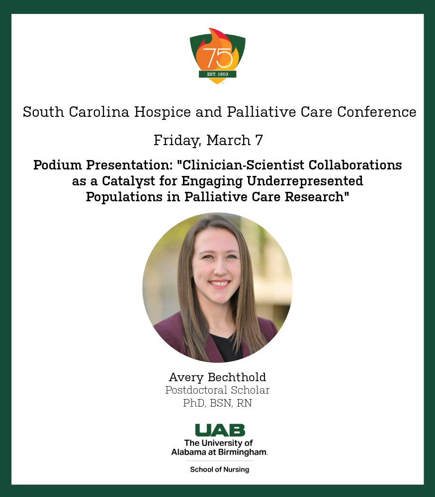 UAB School of Nursing (@uabson) on Twitter photo UABSON Postdoctoral Scholar Avery Bechthold will be giving a podium presentation tomorrow at the South Carolina Hospice and Palliative Care Conference! 
View Schedule: bit.ly/4kGpq3t UABSON Postdoctoral Scholar Avery Bechthold will be giving a podium presentation tomorrow at the South Carolina Hospice and Palliative Care Conference! 
View Schedule: bit.ly/4kGpq3t