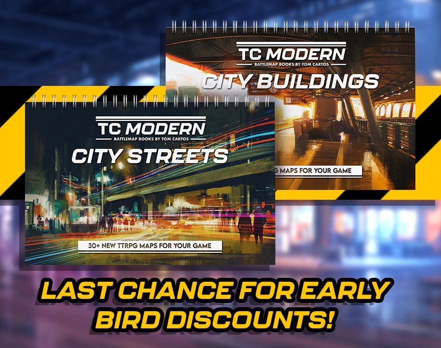 Last 2 hours to get Early Bird discounts and exclusive rewards on my TC Modern Battlemap Books Kickstarter!

Back here so you don't miss out - kickstarter.com/projects/intot…
