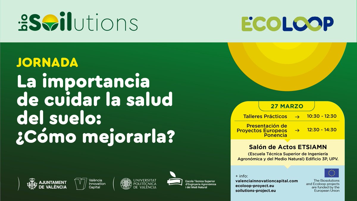 JORNADA ✍️ Ya puedes apuntarte a esta completa jornada que hemos organizado junto a <a href="/etsiamnupv/">ETSIAMNUPV</a> y en la que podrás conocer más de <a href="/Soilutions_eu/">bioSOILUTIONS EU</a> y <a href="/EcoloopEU/">Ecoloop Project</a>, entre otros temas.
👀Mira el programa y reserva tu plaza.
📅27 de marzo
🕗10'30 a 14.30 horas
📲acortar.link/Zyz3eK