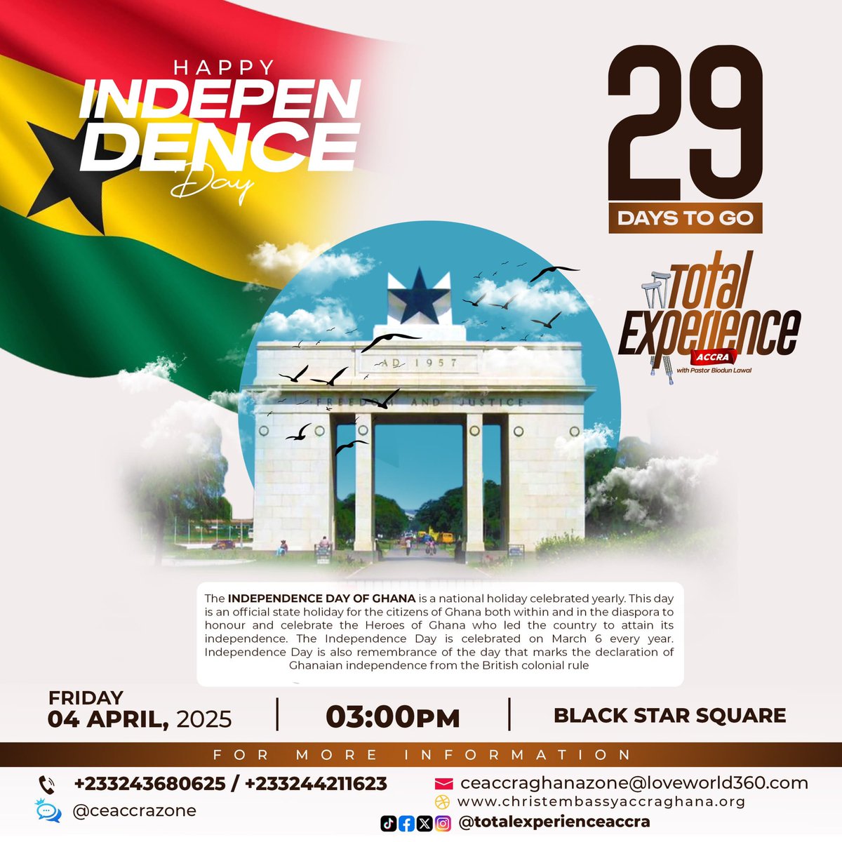 Happy Independence Day.
Ghana! Get ready for a time  of Healing, Miracles, Deliverance and Blessings 

#6thMarch | JubileeHouse 
#Totalexperienceaccra