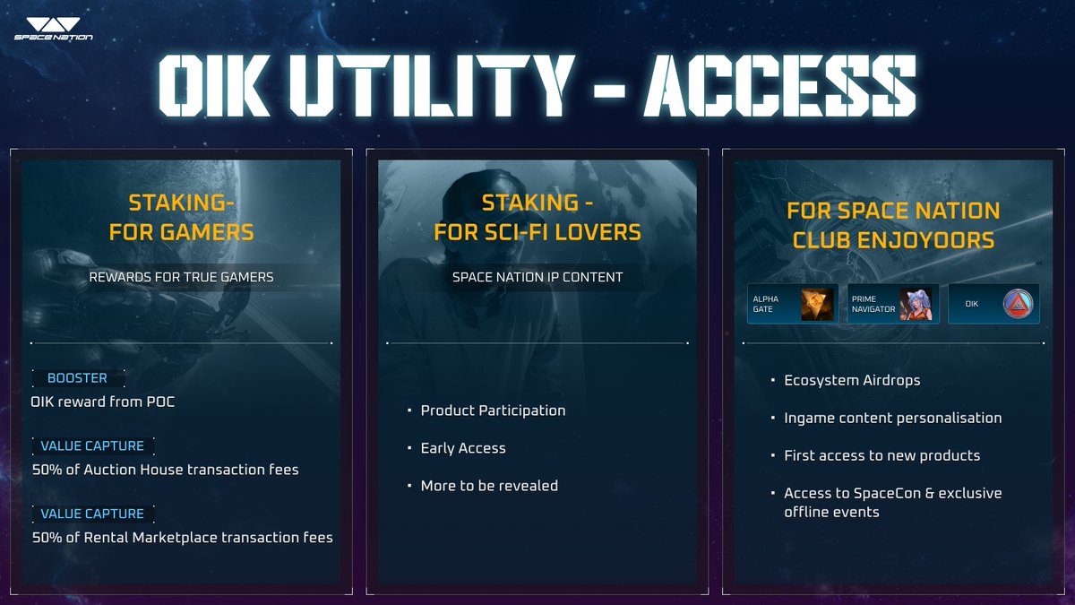 SpaceNationOL's tweet image. OIK Token Utility 

OIK&apos;s utility is composed of three streams, efficiently designed to ensure the value captured rewards real gamers and those that make a positive contribution to the Space Nation Virtual World

1. 🎁 Rewards for True Gamers &amp;amp; Sci Fi Enjoyoooors
1⃣Stake to Boost…