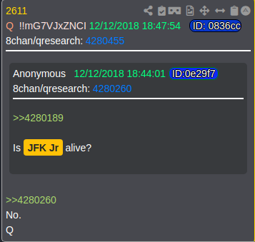 Nichol3324's tweet photo. The "actual" Q drops made it pretty clear that JFK Jr. was not alive.  When specifically asked, Q said "No." That was over 6 years ago. https://t.co/jSOHti5aKB