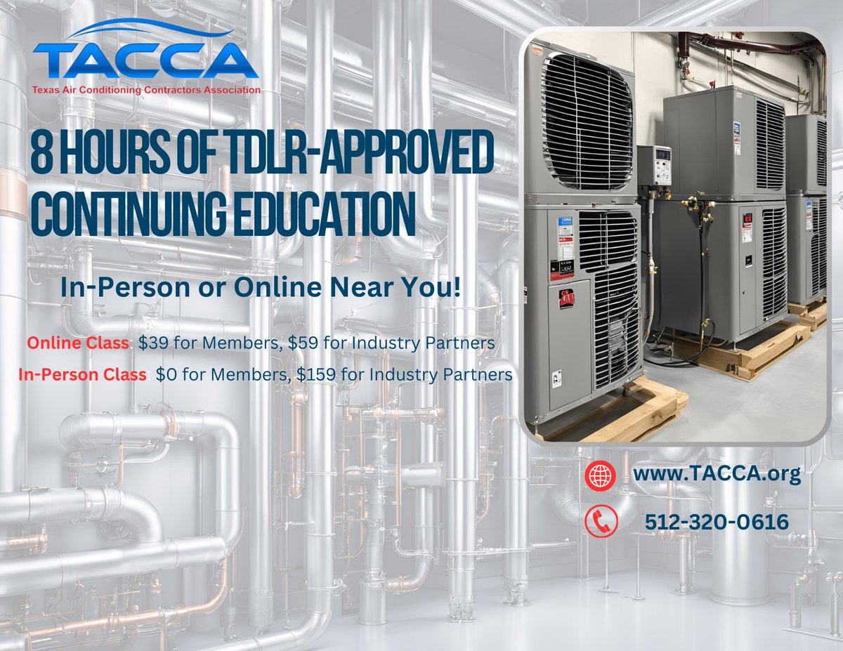 TheTACCA's tweet photo. HVAC contractors earn your 8 hrs TDLR approved continuing education (CE) from @TheTACCA https://t.co/8CfVWEY1rD https://t.co/pL93ru2HXx